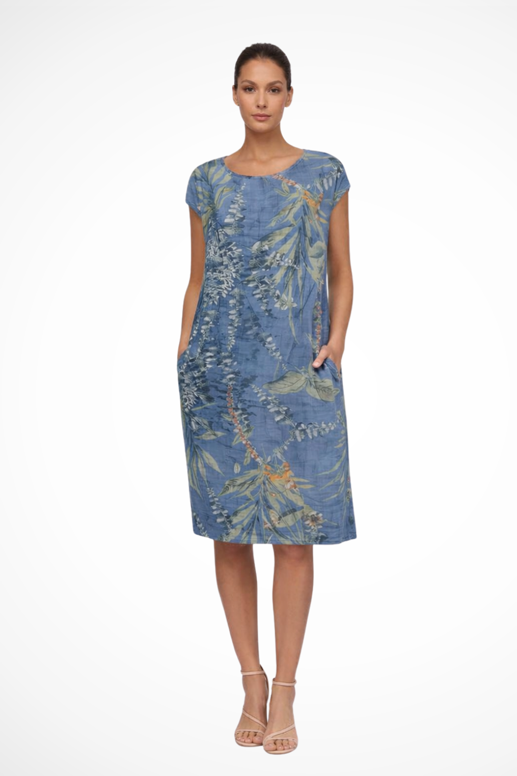 Women's Summer Dress with Botanical Print Knee-Length Cap Sleeves Loose Fit with Side Pockets