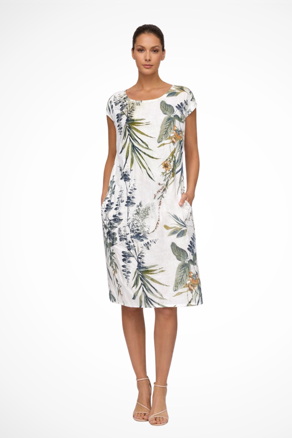 Women's Summer Dress with Botanical Print Knee-Length Cap Sleeves Loose Fit with Side Pockets