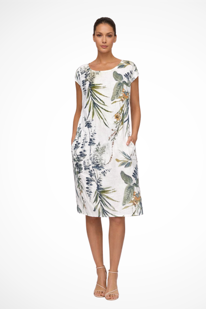 Women's Summer Dress with Botanical Print Knee-Length Cap Sleeves Loose Fit with Side Pockets