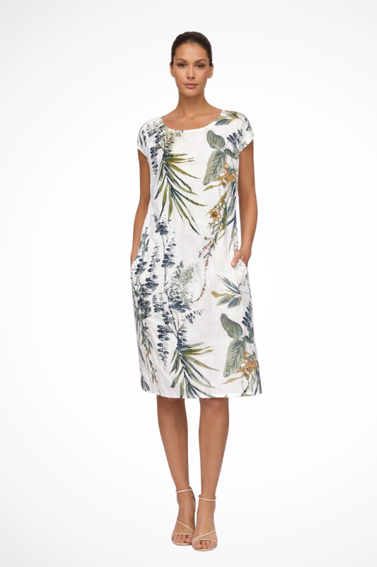 Women's Summer Dress with Botanical Print Knee-Length Cap Sleeves Loose Fit with Side Pockets