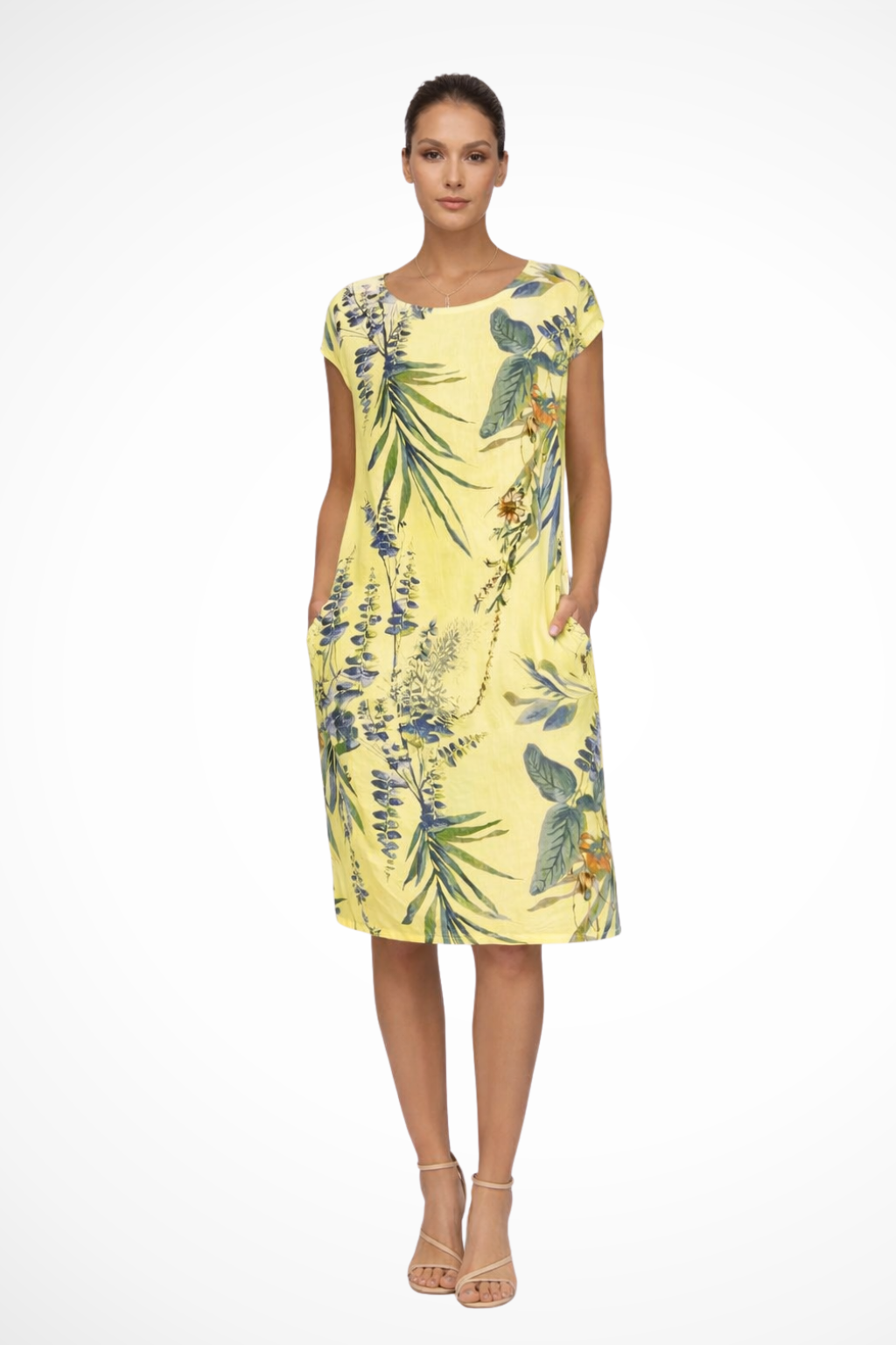 Women's Summer Dress with Botanical Print Knee-Length Cap Sleeves Loose Fit with Side Pockets