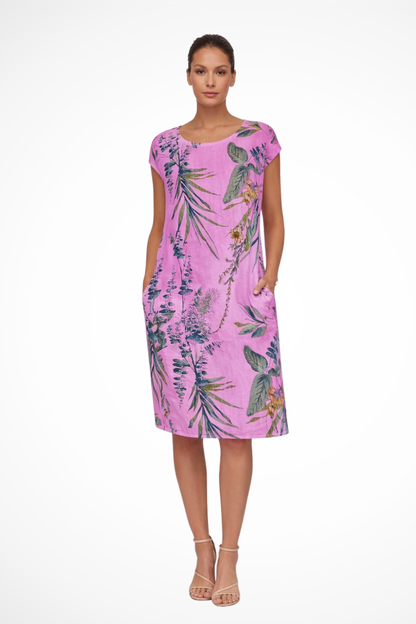 Women's Summer Dress with Botanical Print Knee-Length Cap Sleeves Loose Fit with Side Pockets