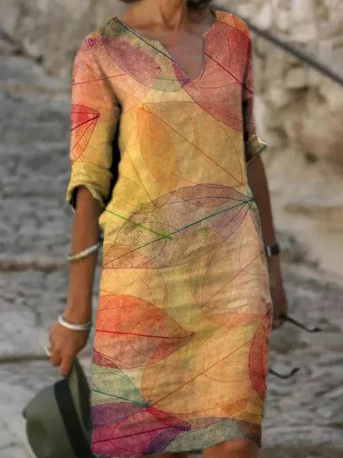 Women's Tunic Dress with Leaf Print, Notch Neckline, 3/4 Sleeves, Knee-Length, Loose with Side Pockets