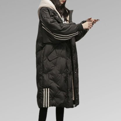 Long quilted women's coat with hood