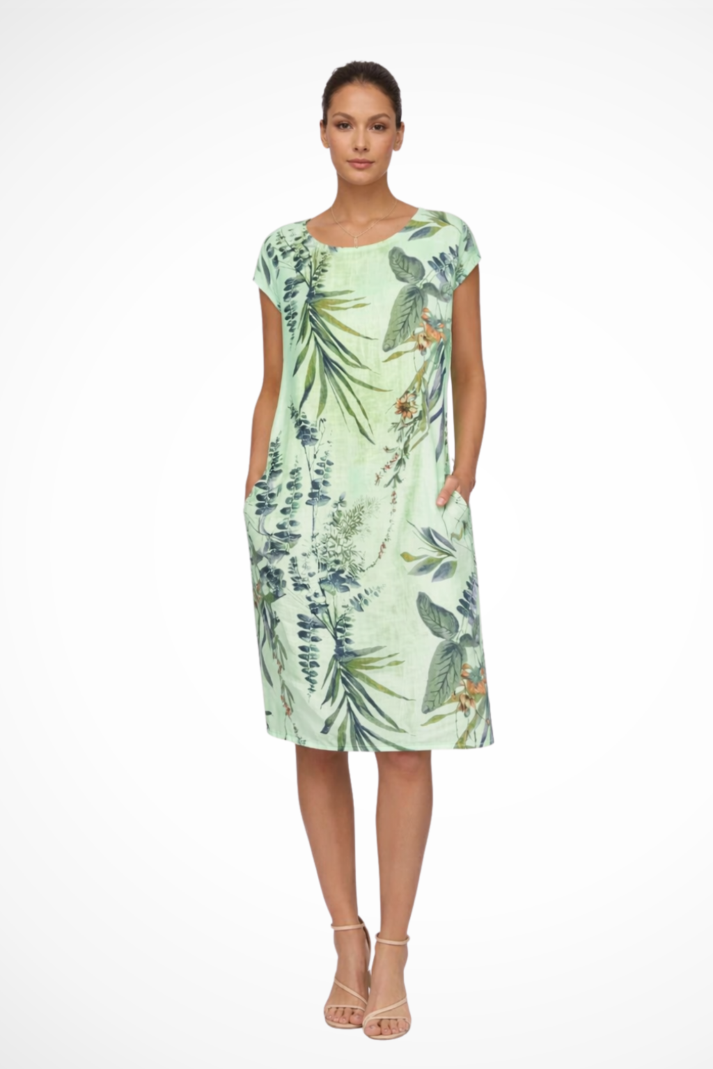 Women's Summer Dress with Botanical Print Knee-Length Cap Sleeves Loose Fit with Side Pockets