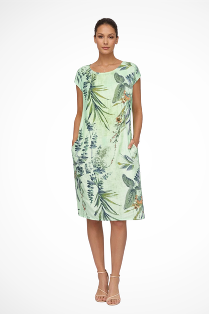 Women's Summer Dress with Botanical Print Knee-Length Cap Sleeves Loose Fit with Side Pockets