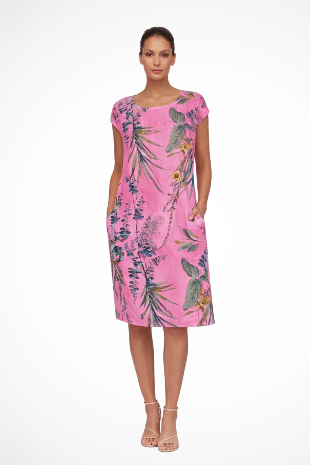 Women's Summer Dress with Botanical Print Knee-Length Cap Sleeves Loose Fit with Side Pockets