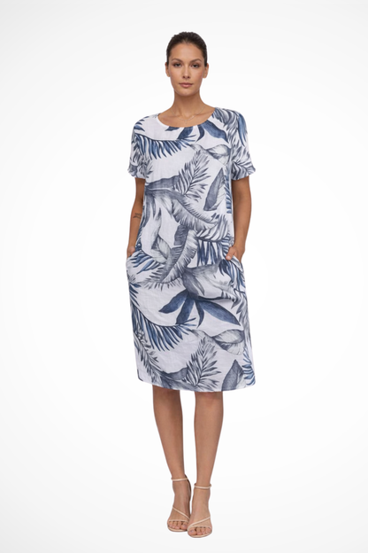 Women's Summer Dress with Botanical Print Knee-Length Cap Sleeves Loose Fit with Side Pockets