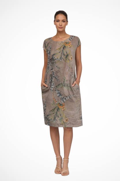 Women's Summer Dress with Botanical Print Knee-Length Cap Sleeves Loose Fit with Side Pockets