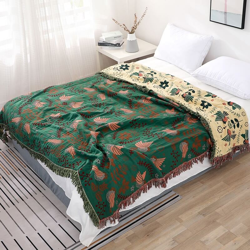 Boho cotton reversible blanket with bird and flower jacquard pattern, fringes, multi-layered sofa cover