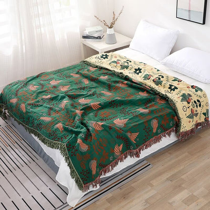Boho cotton reversible blanket with bird and flower jacquard pattern, fringes, multi-layered sofa cover