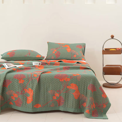 Reversible cotton blanket with ginkgo leaf pattern, quilted bedspread with pillowcases