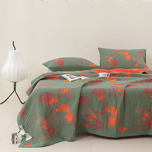 Wendedecke aus Baumwolle mit Gingko Blatt Muster Tagesdecke Quilt Gesteppt mit Kissenbezügen