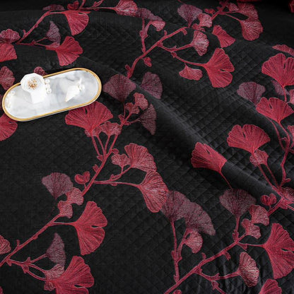 Reversible cotton blanket with ginkgo leaf pattern, quilted bedspread with pillowcases