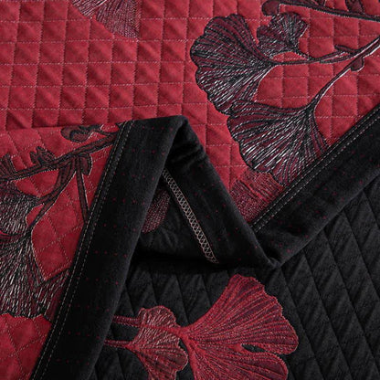 Reversible cotton blanket with ginkgo leaf pattern, quilted bedspread with pillowcases