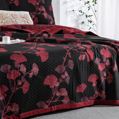 Reversible cotton blanket with ginkgo leaf pattern, quilted bedspread with pillowcases