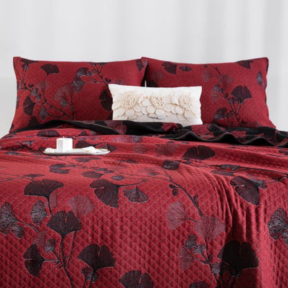 Reversible cotton blanket with ginkgo leaf pattern, quilted bedspread with pillowcases