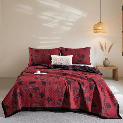 Reversible cotton blanket with ginkgo leaf pattern, quilted bedspread with pillowcases