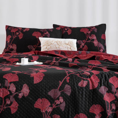 Reversible cotton blanket with ginkgo leaf pattern, quilted bedspread with pillowcases