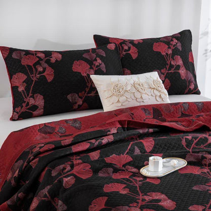 Reversible cotton blanket with ginkgo leaf pattern, quilted bedspread with pillowcases