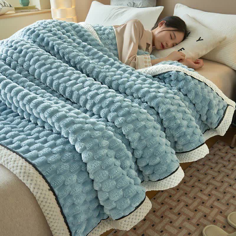 Reversible coral fleece blanket with 3D popcorn texture and contrast trim, extra thick and soft for sofa and bed