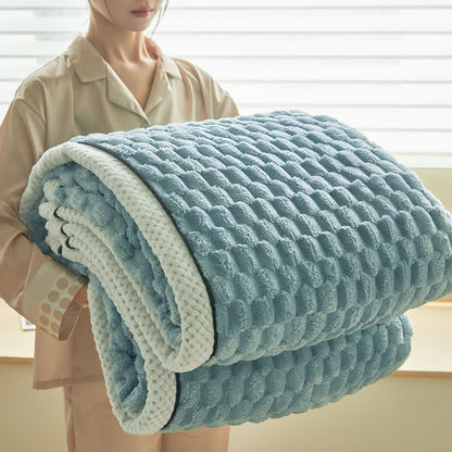 Reversible coral fleece blanket with 3D popcorn texture and contrast trim, extra thick and soft for sofa and bed
