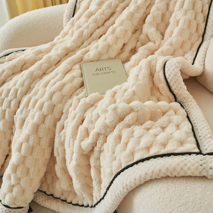 Reversible coral fleece blanket with 3D popcorn texture and contrast trim, extra thick and soft for sofa and bed