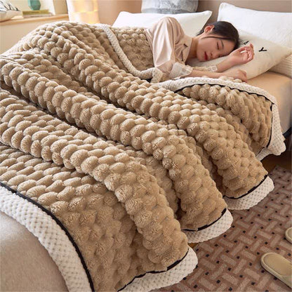 Reversible coral fleece blanket with 3D popcorn texture and contrast trim, extra thick and soft for sofa and bed