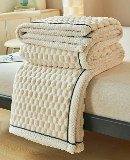 Reversible coral fleece blanket with 3D popcorn texture and contrast trim, extra thick and soft for sofa and bed