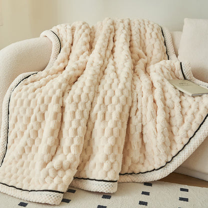 Reversible coral fleece blanket with 3D popcorn texture and contrast trim, extra thick and soft for sofa and bed