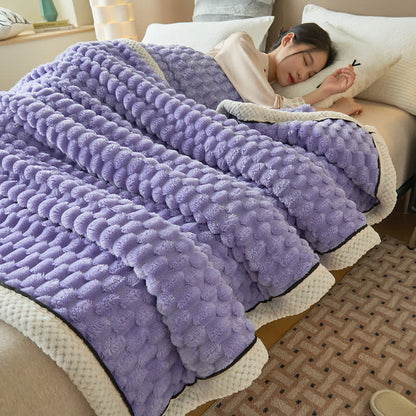 Reversible coral fleece blanket with 3D popcorn texture and contrast trim, extra thick and soft for sofa and bed