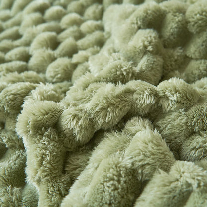 Reversible coral fleece blanket with 3D popcorn texture and contrast trim, extra thick and soft for sofa and bed