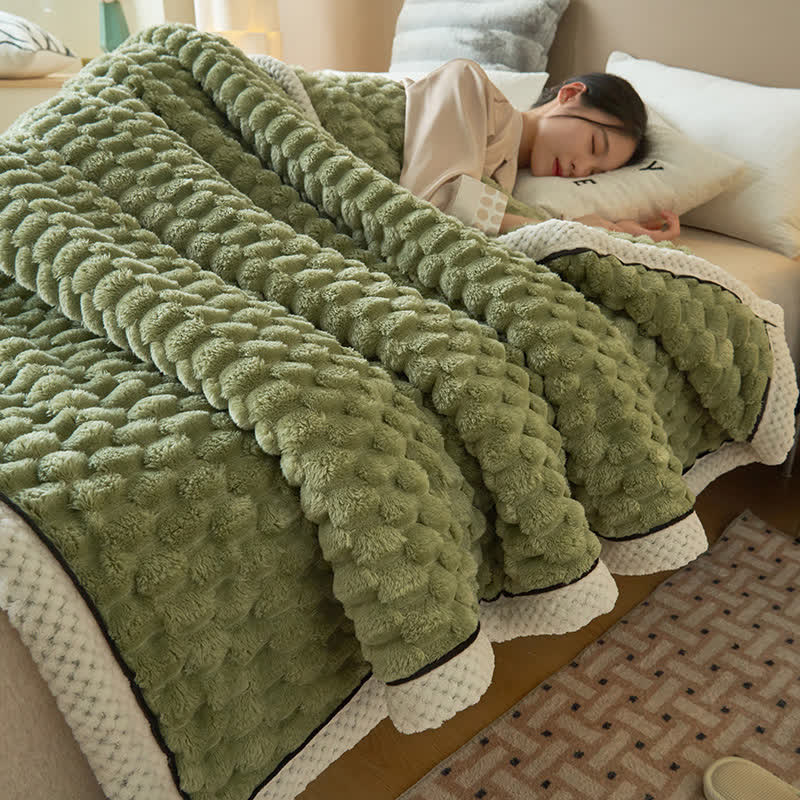 Reversible coral fleece blanket with 3D popcorn texture and contrast trim, extra thick and soft for sofa and bed