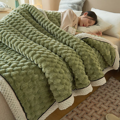 Reversible coral fleece blanket with 3D popcorn texture and contrast trim, extra thick and soft for sofa and bed