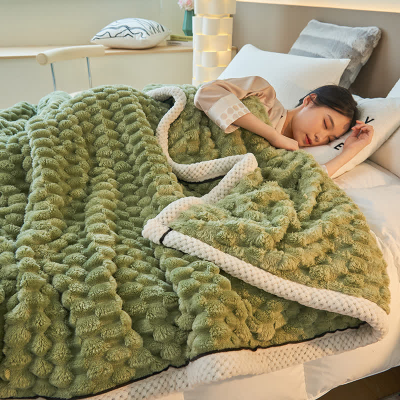 Reversible coral fleece blanket with 3D popcorn texture and contrast trim, extra thick and soft for sofa and bed