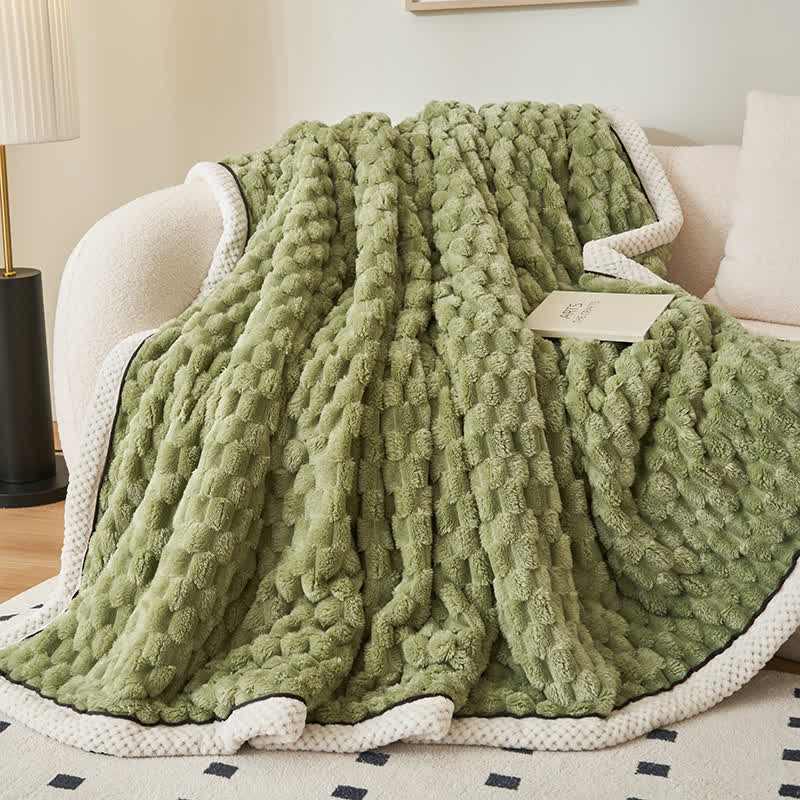Reversible coral fleece blanket with 3D popcorn texture and contrast trim, extra thick and soft for sofa and bed