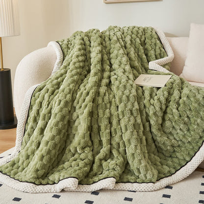 Reversible coral fleece blanket with 3D popcorn texture and contrast trim, extra thick and soft for sofa and bed