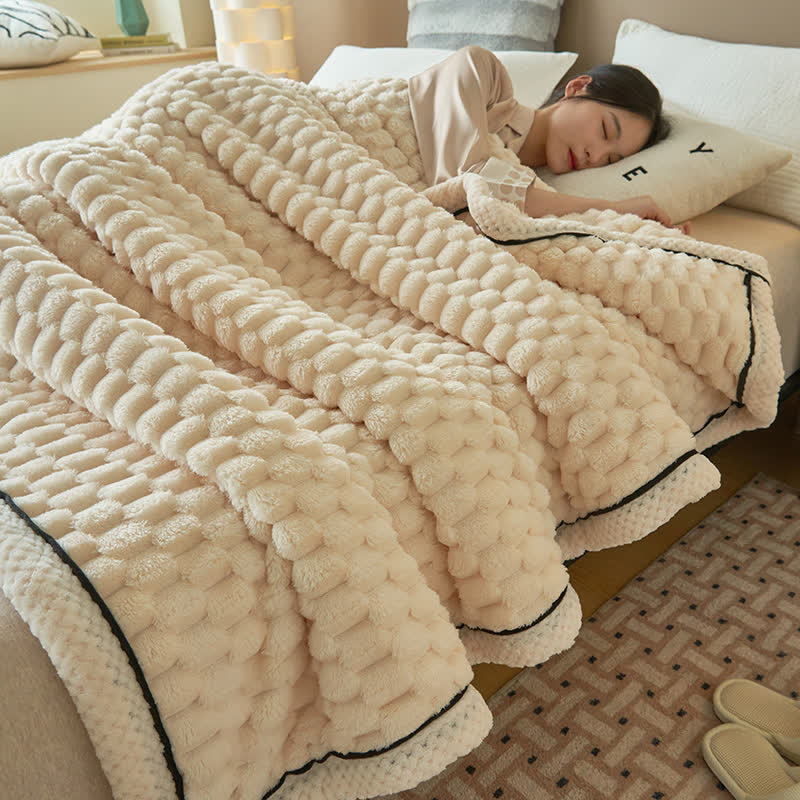 Reversible coral fleece blanket with 3D popcorn texture and contrast trim, extra thick and soft for sofa and bed