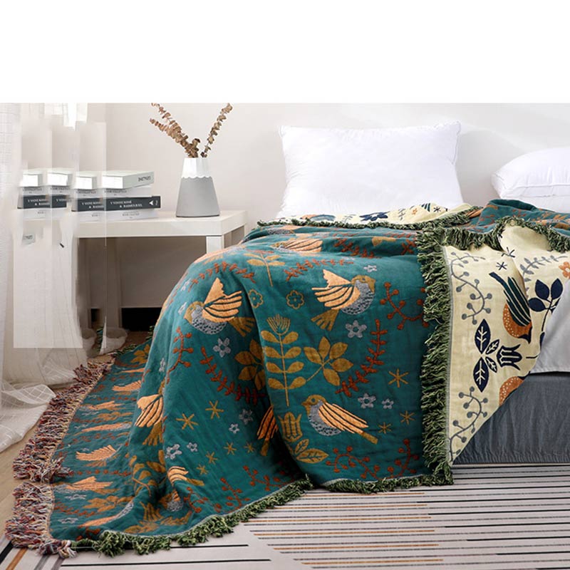 Boho cotton reversible blanket with bird and flower jacquard pattern, fringes, multi-layered sofa cover