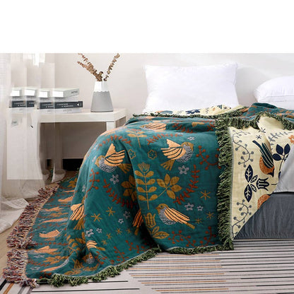 Boho cotton reversible blanket with bird and flower jacquard pattern, fringes, multi-layered sofa cover
