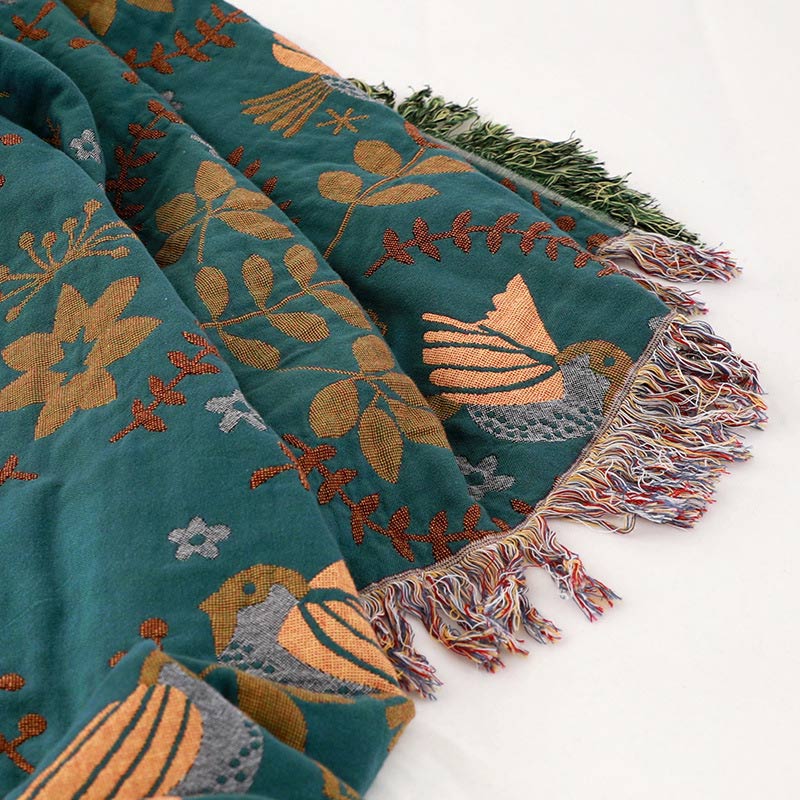Boho cotton reversible blanket with bird and flower jacquard pattern, fringes, multi-layered sofa cover