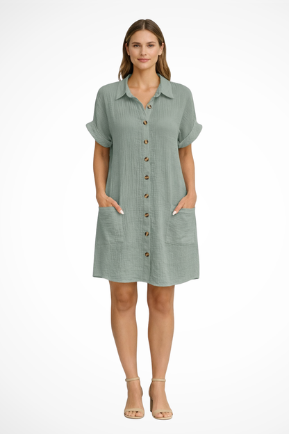 Women's Shirt Dress Short Sleeves with Button Placket and Patch Pockets Knee-Length Muslin