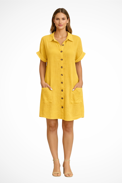 Women's Shirt Dress Short Sleeves with Button Placket and Patch Pockets Knee-Length Muslin
