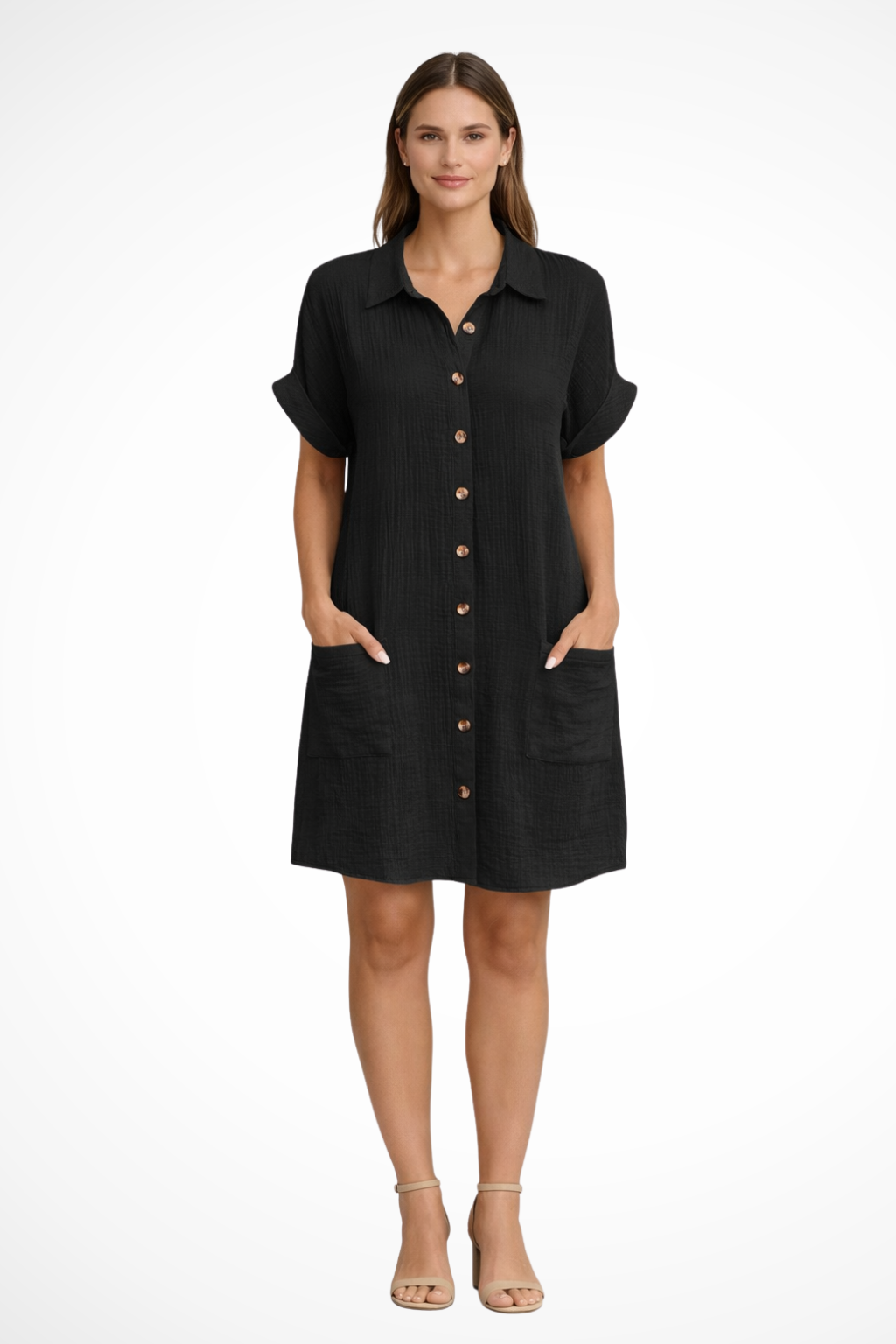 Women's Shirt Dress Short Sleeves with Button Placket and Patch Pockets Knee-Length Muslin