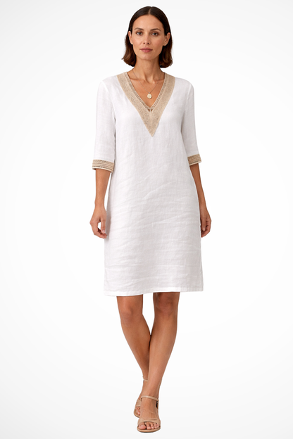 Women's Linen Midi Dress with V-Neck and Crochet Lace 3/4 Sleeves in Loose Tunic Cut