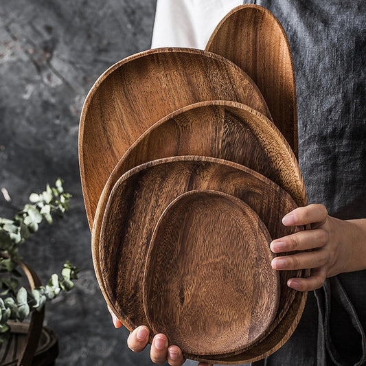 Akazienholz Serviertabletts 5er Set Oval mit Natürlicher Maserung Stapelbar in Verschiedenen Größen