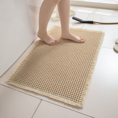 Bath mat with waffle texture and fringes, non-slip and quick-drying made of soft microfiber chenille