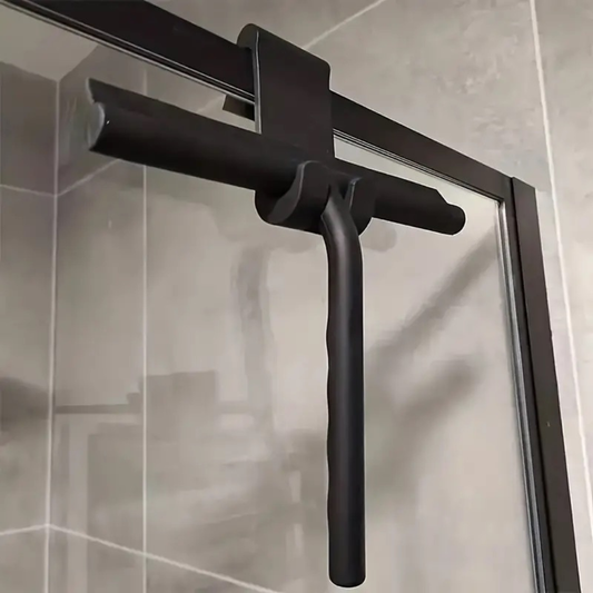 Silicone shower squeegee with matte black handle for glass, mirrors, and tiles, streak-free and compact