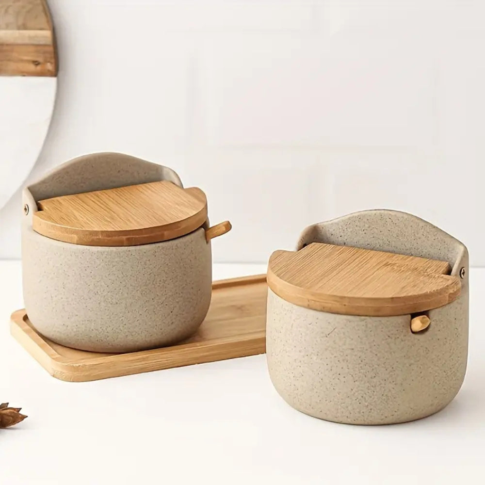 2-Piece Ceramic Spice Jar Set with Bamboo Lid and Spoon on Wooden Tray for Salt and Sugar