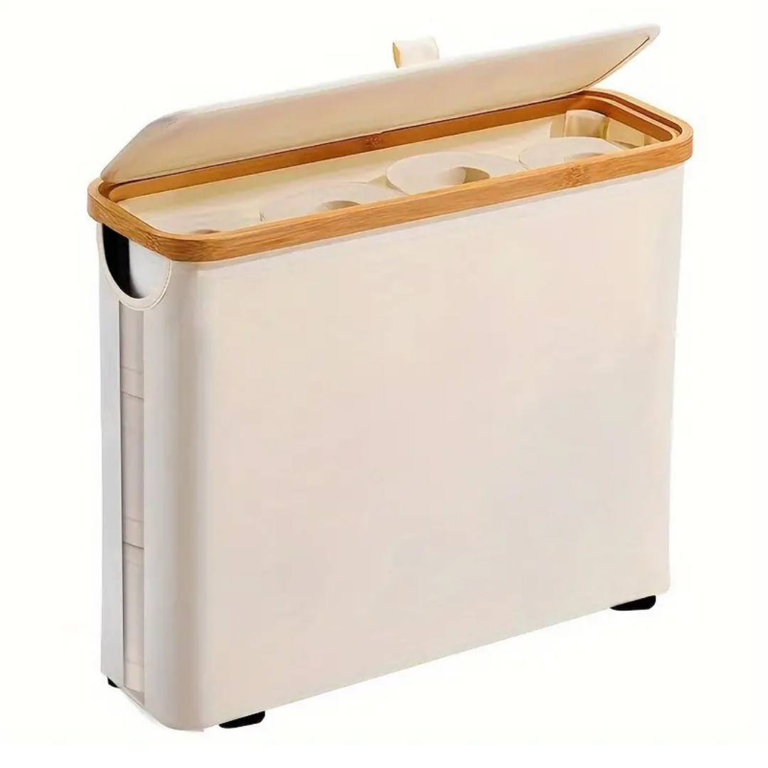 Narrow trash bin with bamboo frame for bathroom and kitchen, space-saving between furniture and toilet